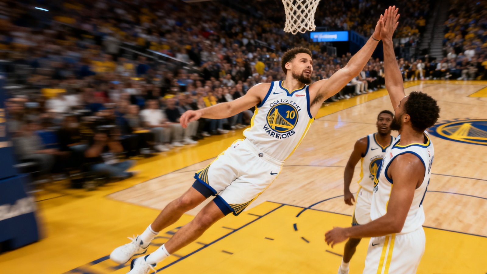 NBA勇士队精彩扣篮集锦回放画面，慢动作与庆祝